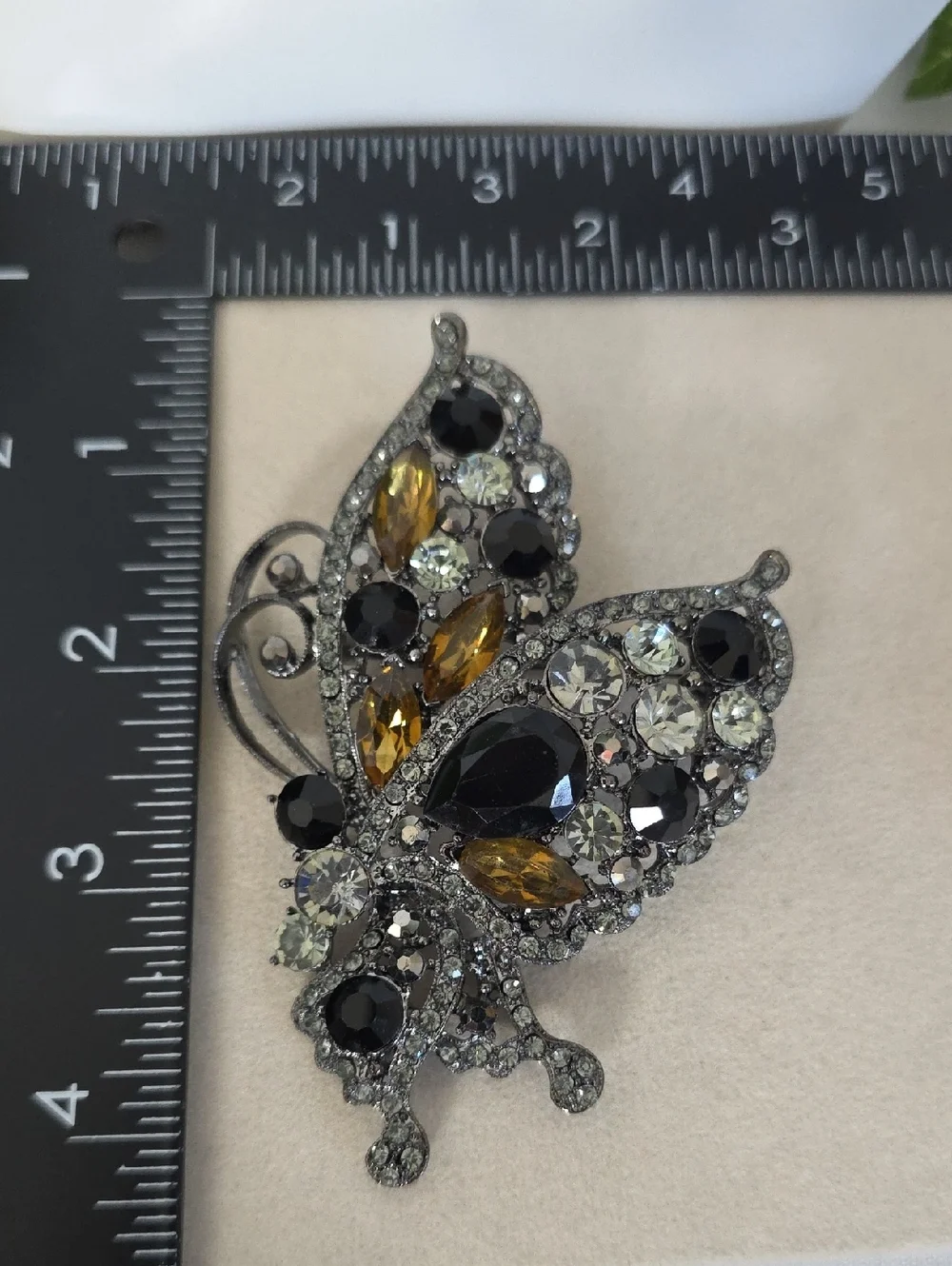 Statement Gunmetal Silver Butterfly Brooch Pin / Pendant Black & Amber Crystals